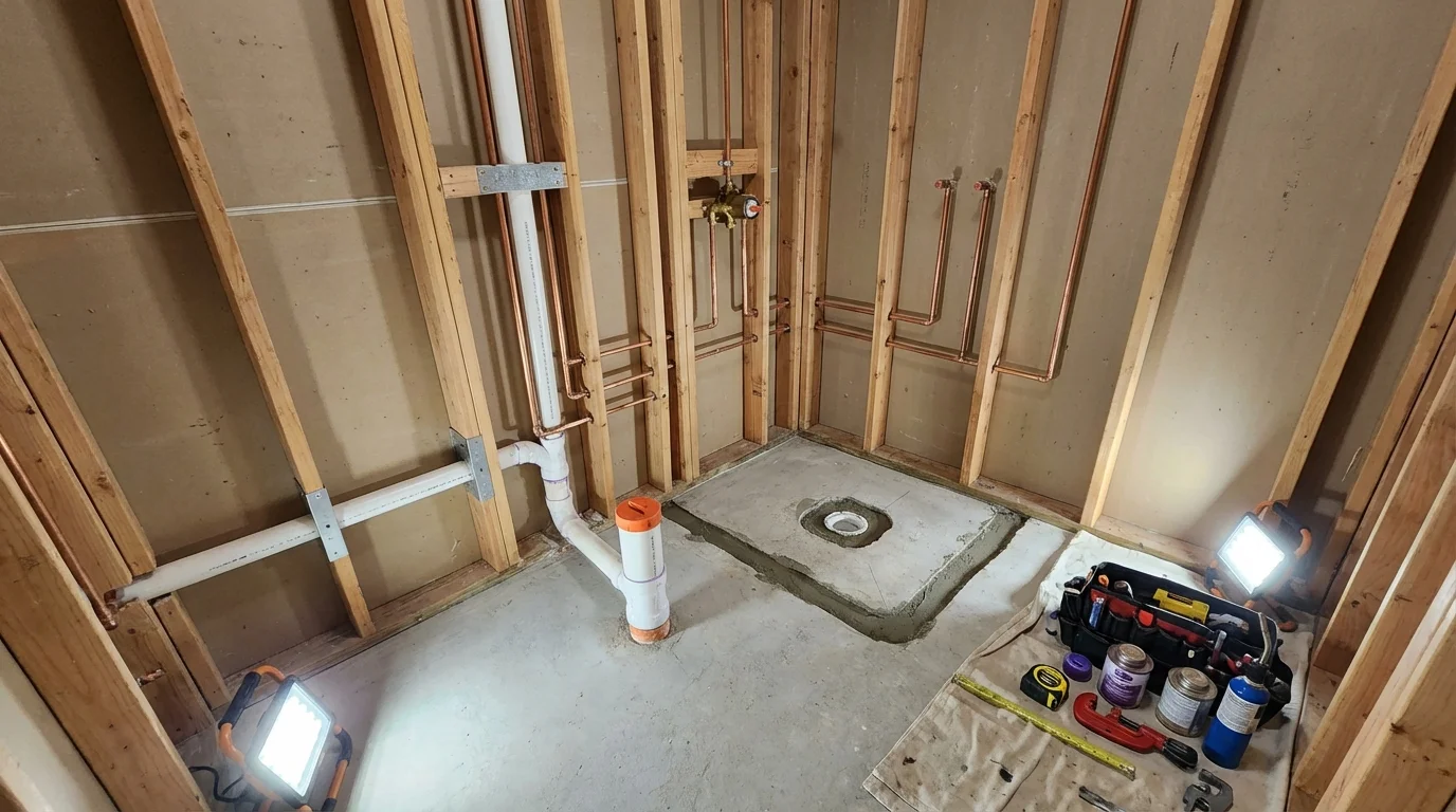 Bathroom rough-in plumbing during remodel by Johns Plumbing LLC in Fennimore