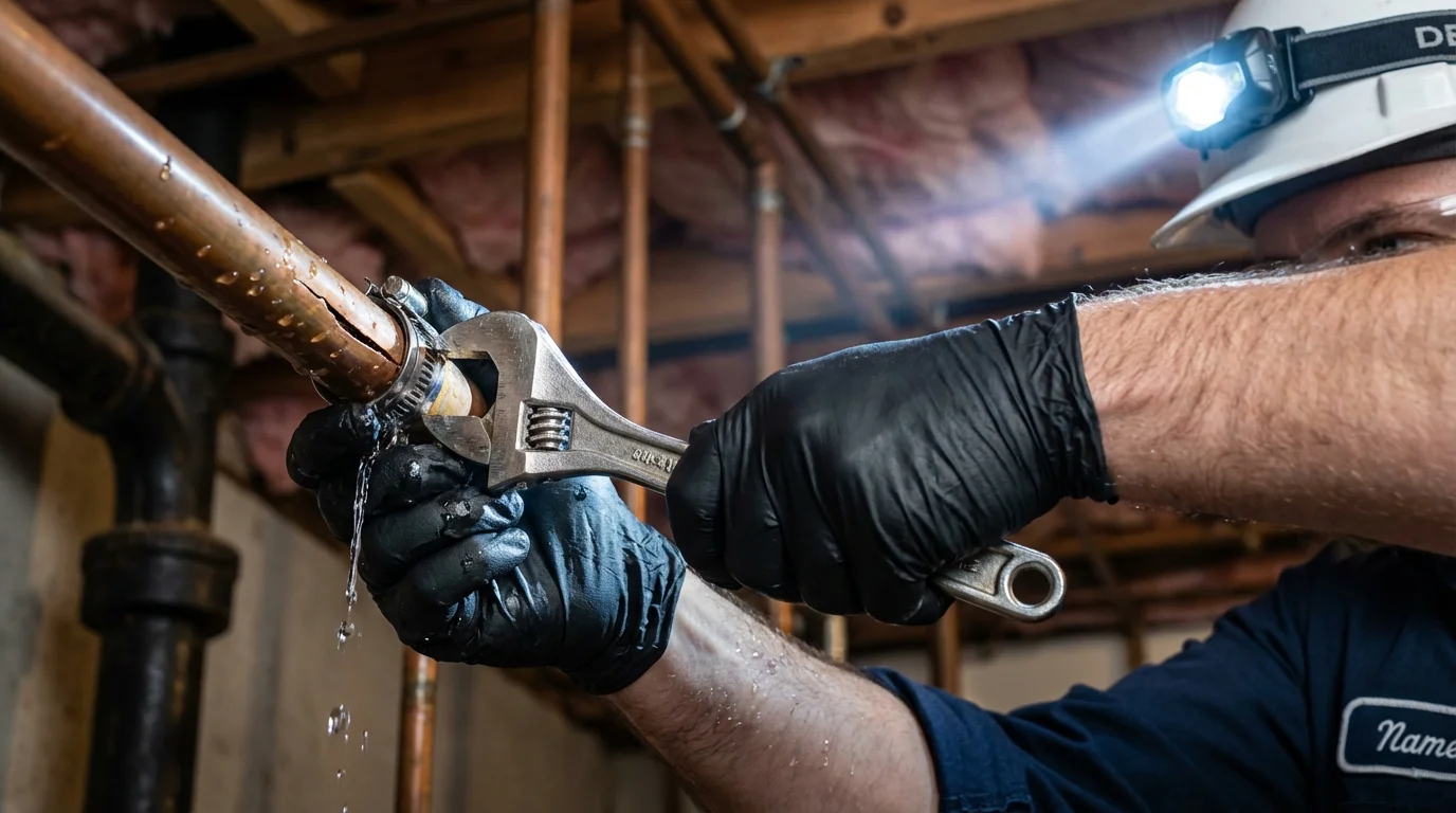 Emergency pipe clamp repair being performed by a Johns Plumbing LLC plumber in Fennimore
