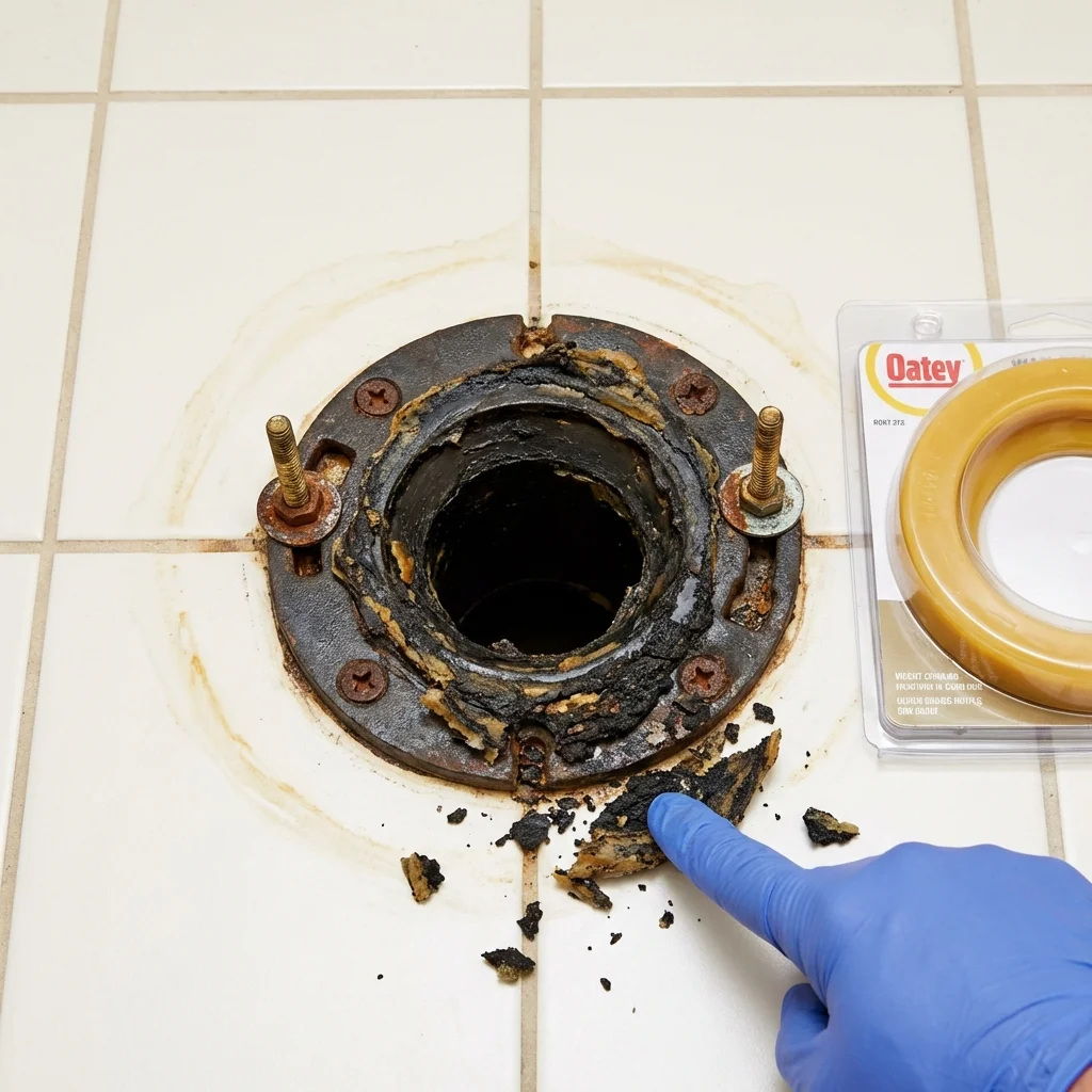 Failed wax ring showing water seepage at the base of a toilet in a Fennimore, WI home