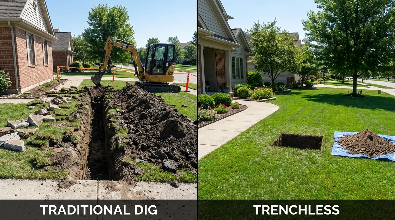 Trenchless sewer repair with minimal yard damage versus traditional excavation in Fennimore, WI