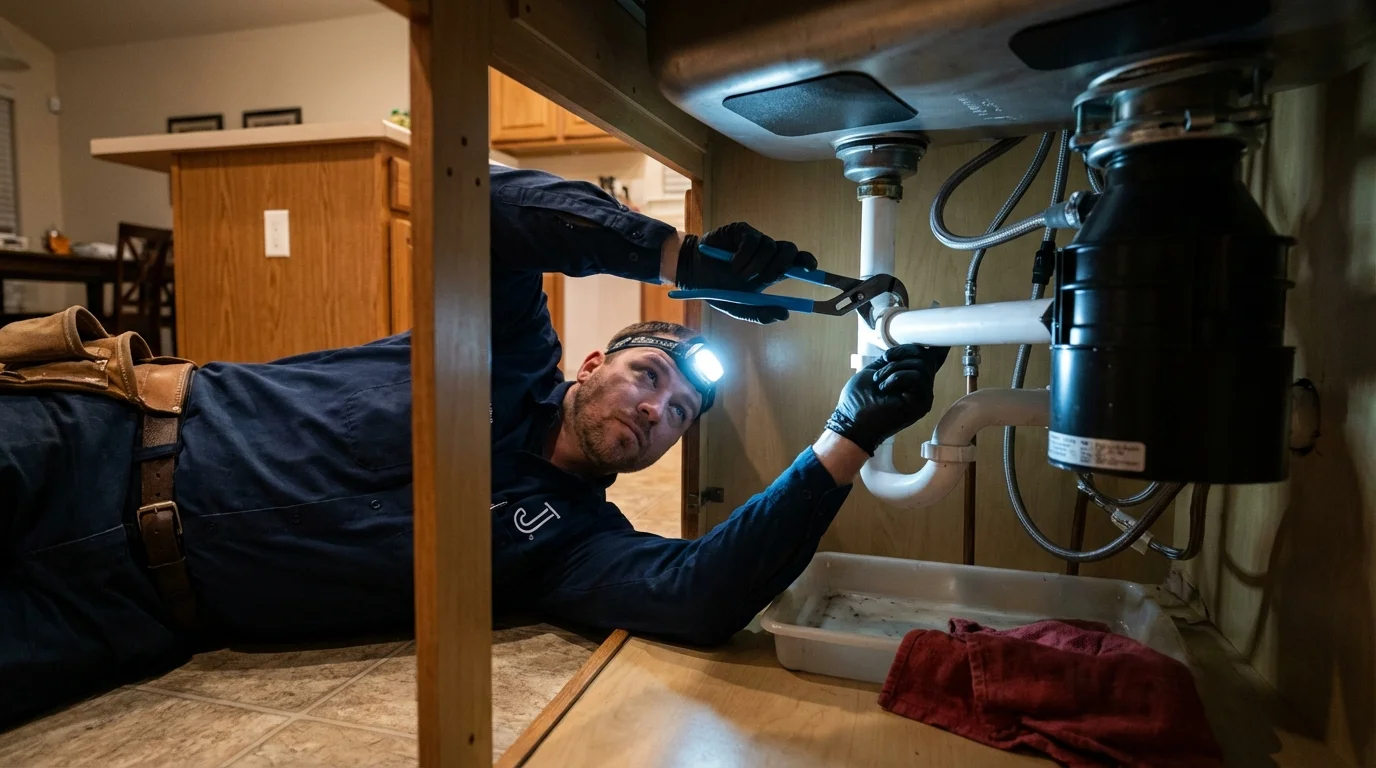 P-trap and supply line connections under a kitchen sink showing a common leak point in Fennimore, WI